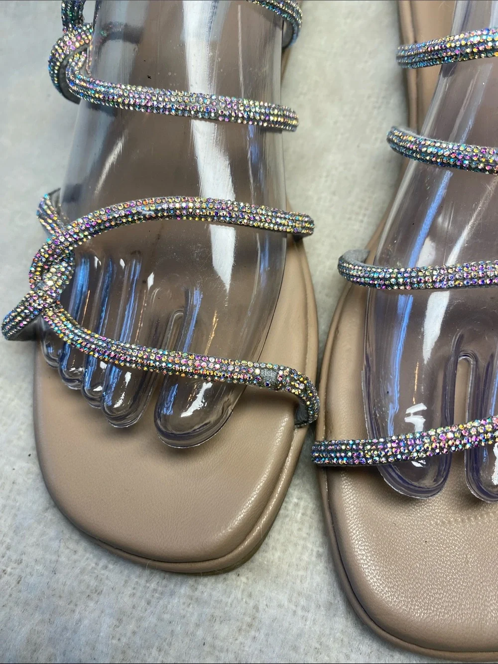 Steve Madden Tan Slide Sandals with Iridescent Beaded Straps